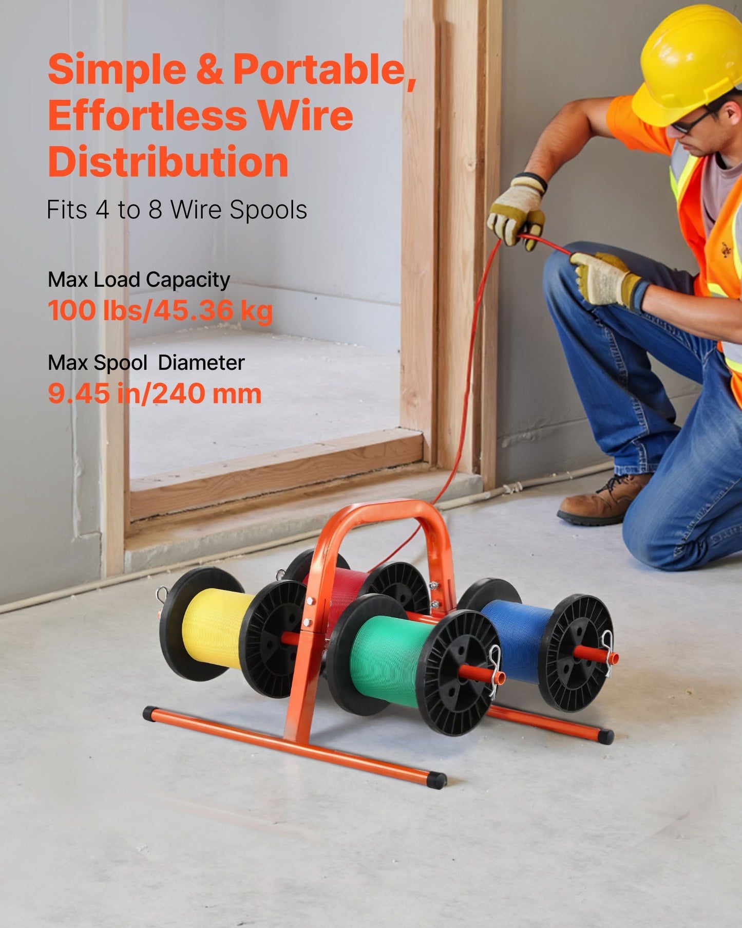 Wire Spool Rack, 100 lbs Capacity, Smart Hand Caddy, Heavy-Duty Steel Wire Dispenser Holder for Up to 8 Spools, MAX 9.45 in Diameter, Easy Lift Design for Electrical Industrial and Retail Use