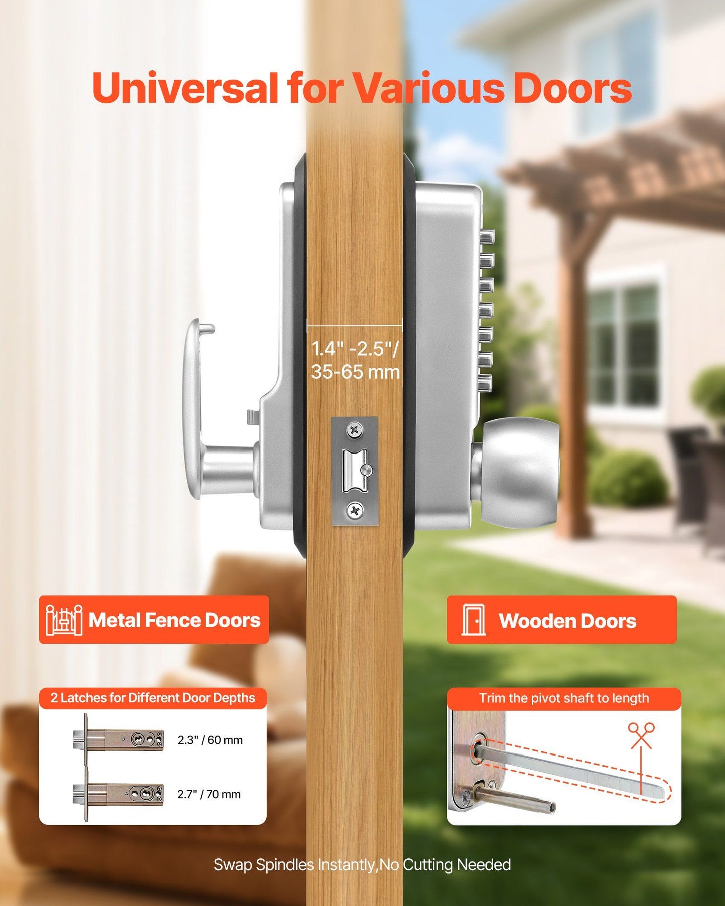 Mechanical Keyless Entry Door Lock, 2.0 Code Upgrade, 4-7 Digits Code, Single-Sided Push Button Combination Mechanical Keypad Door Knob, Auto Locking, for Garden Gates, Indoor or Outdoor, Silver