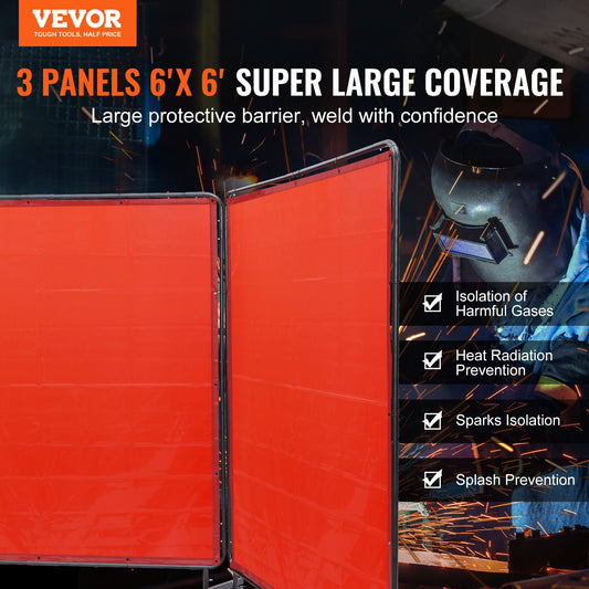 Welding Screen with Frame, 6' x 6' 3 Panel Welding Curtain Screens, Flame-Resistant Vinyl Welding Protection Screen on 12 Swivel Wheels (6 Lockable), Moveable & Professional for Workshop, Red