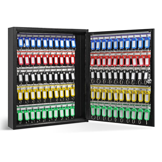100-Key Cabinet, Key Lock Box with Adjustable Racks, Security Key Storage Box Steel, Key Organizer with 100 Colorful Key Tags and 2 Record Cards for School, Office, Hotel