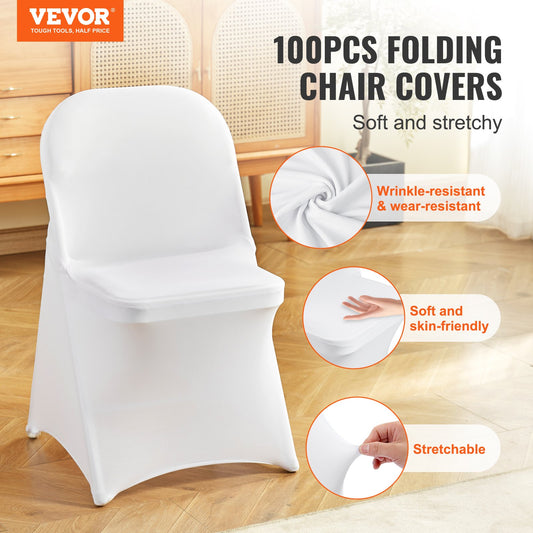 Stretch Spandex Folding Chair Covers, Universal Fitted Chair Cover, Removable Washable Protective Slipcovers, for Wedding, Holiday, Banquet, Party, Celebration, Dining (100PCS White)