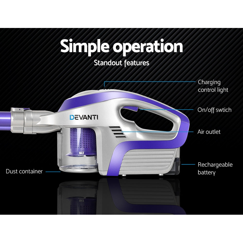 Devanti Stick Vacuum Cleaner Bagless Cordless 150W Purple-3