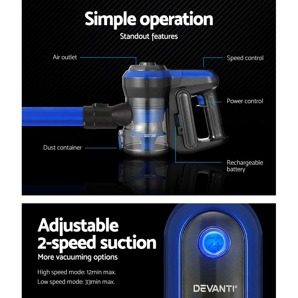 Devanti Stick Vacuum Cleaner Brushless Cordless 250W Blue-4