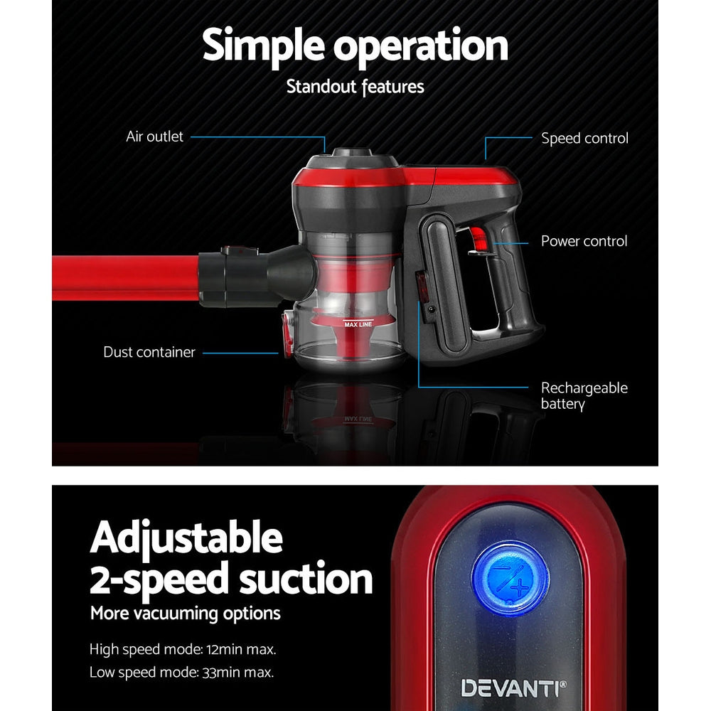 Devanti Stick Vacuum Cleaner Brushless Cordless 250W Red-4