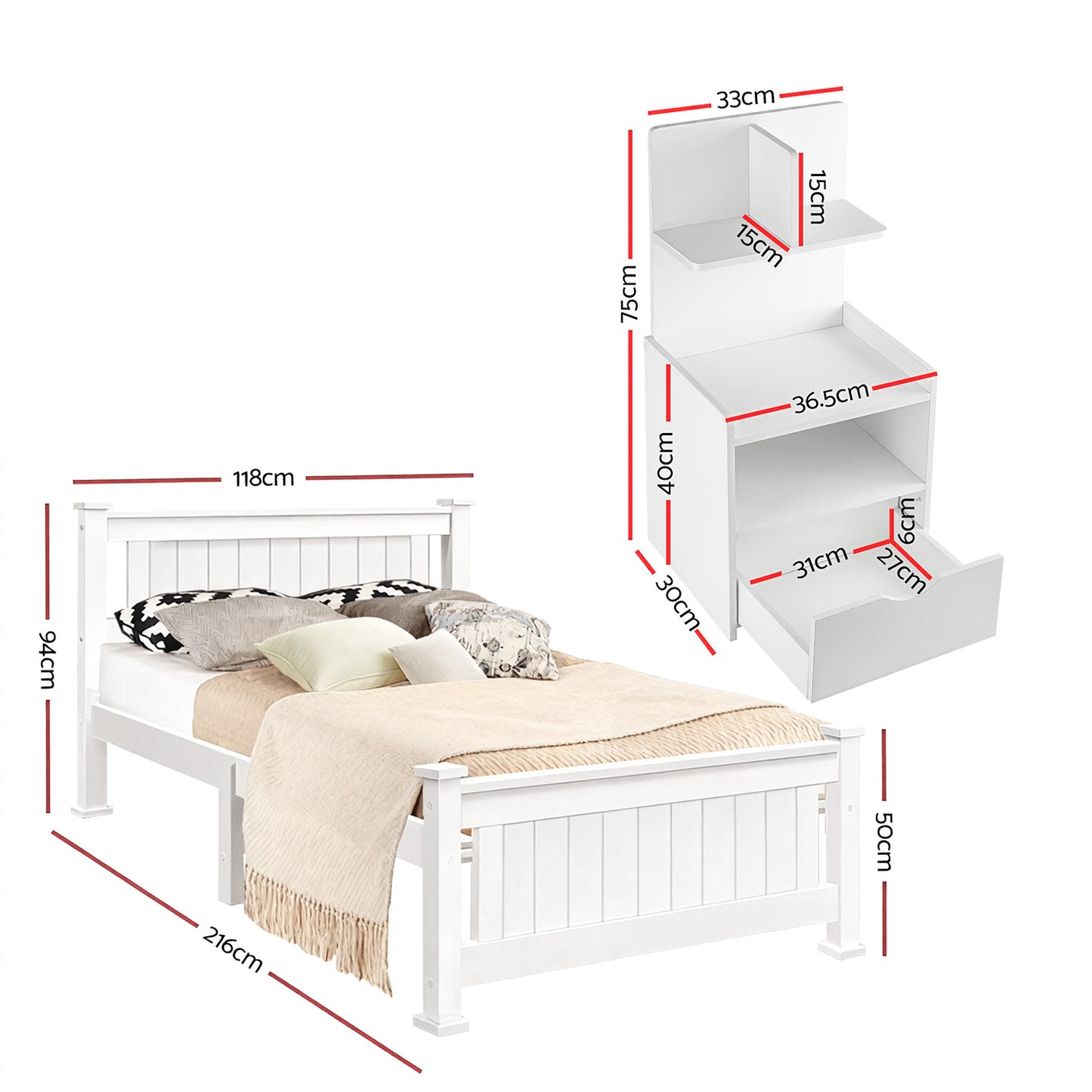 Artiss King Single Bed Frame and Bedside Table White-1