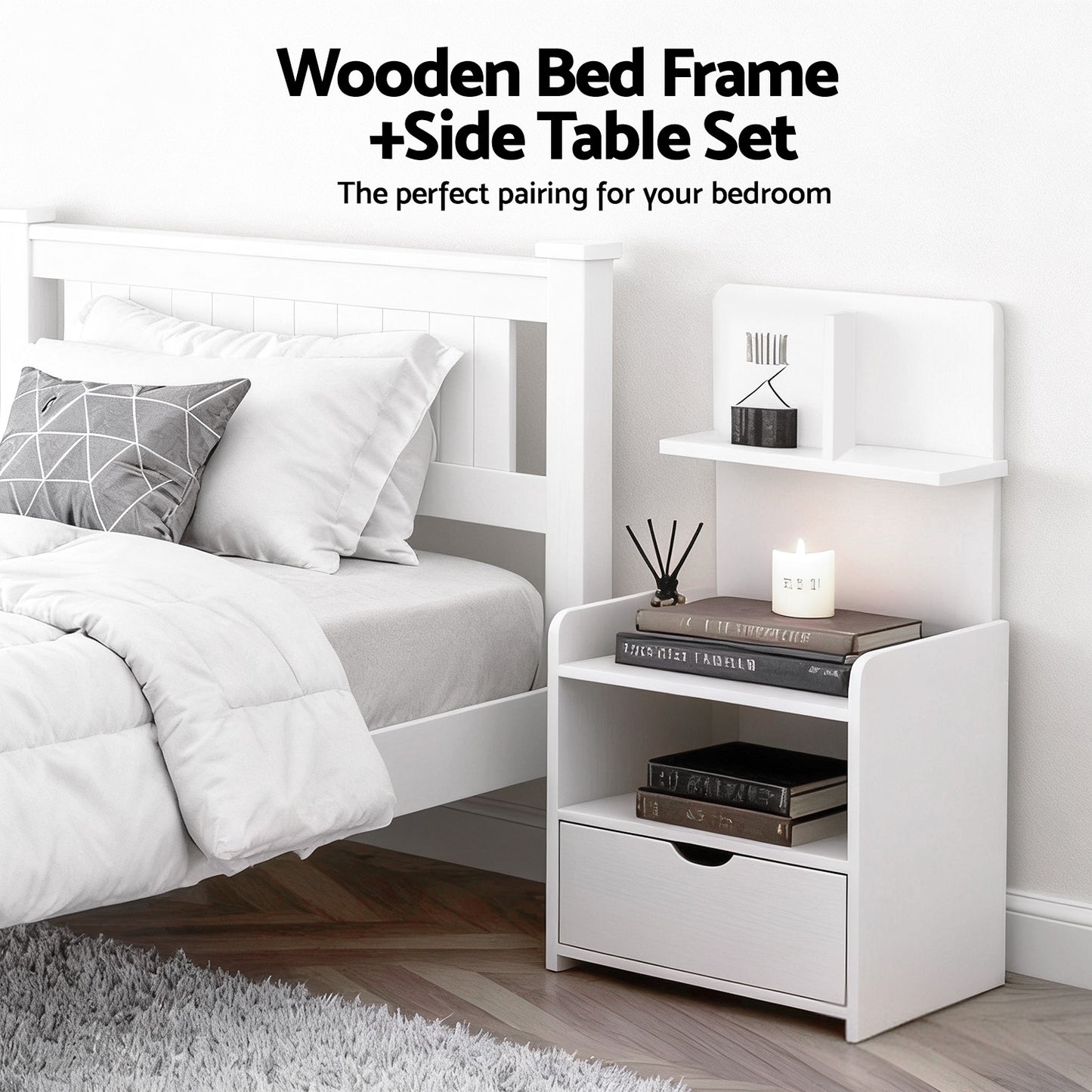 Artiss King Single Bed Frame and Bedside Table White-4