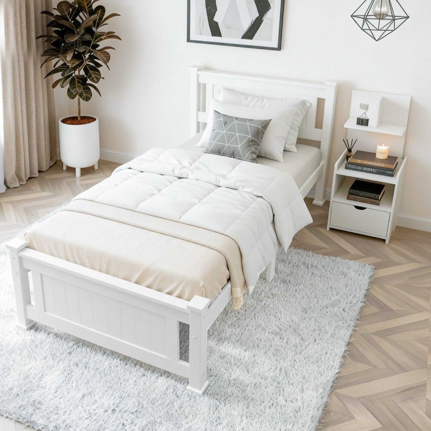 Artiss King Single Bed Frame and Bedside Table White-6