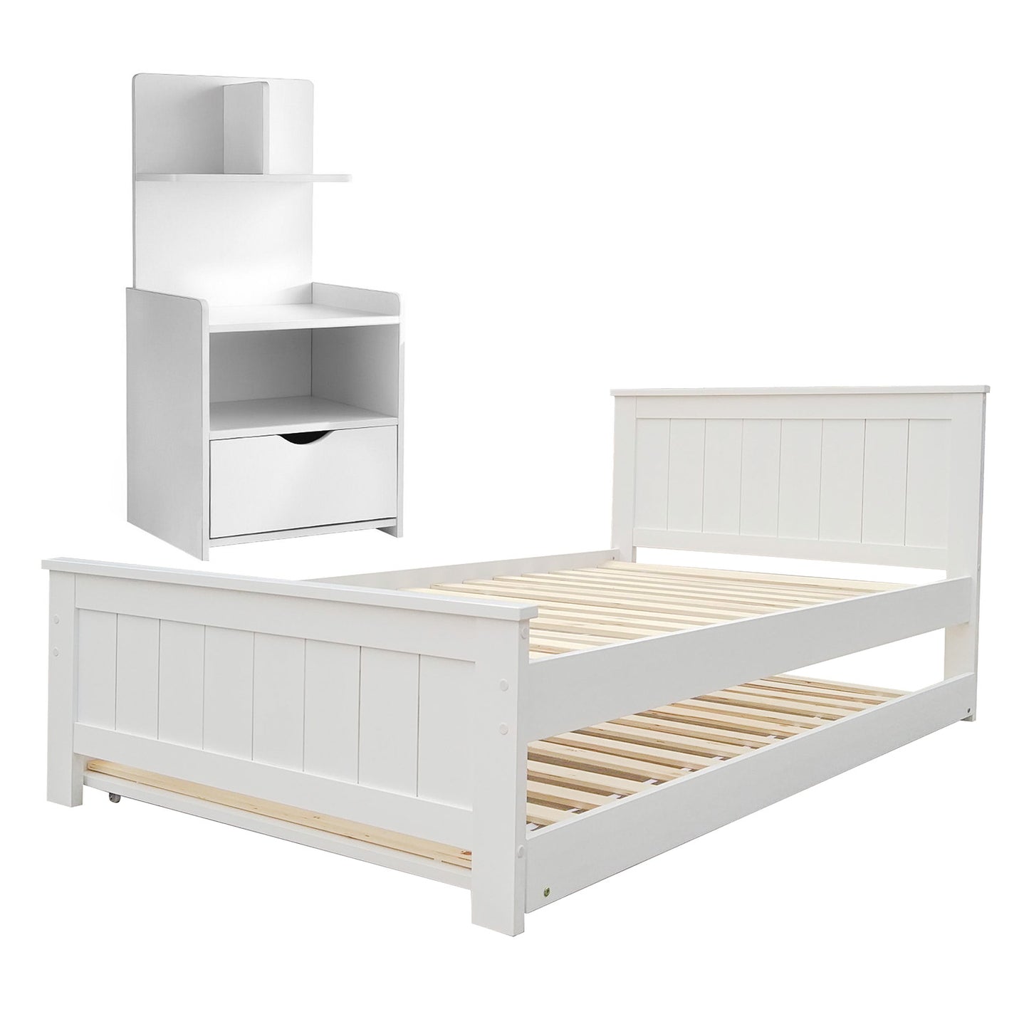 Artiss King Single Bed Frame and Bedside Table White-1