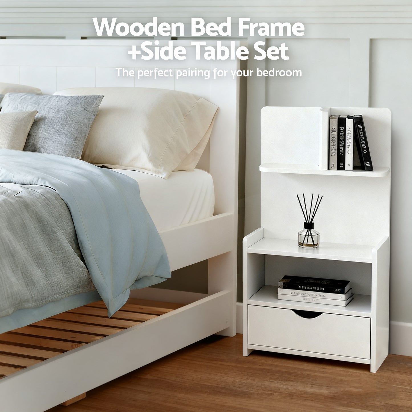 Artiss King Single Bed Frame and Bedside Table White-5