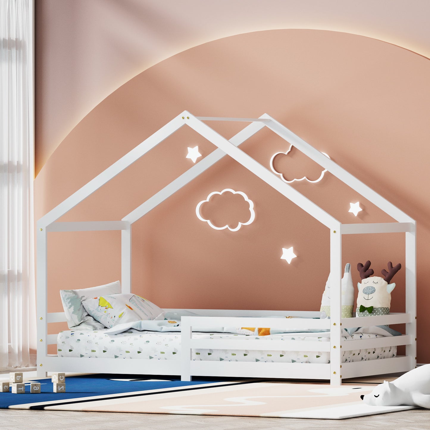 Artiss Bed Frame Wooden Kids Single House Frame White AMOS-6