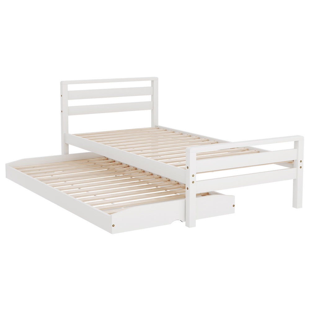 Artiss Bed Frame Single Size 2-in-1 Trundle Wooden White AVIS-0