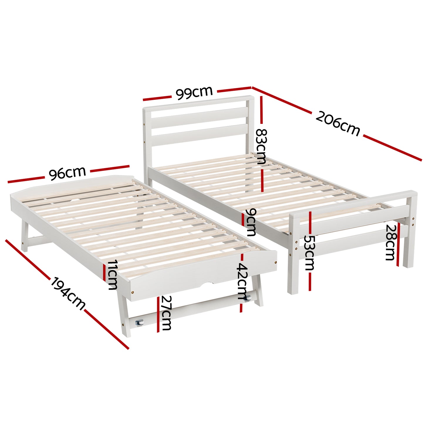 Artiss Bed Frame Single Size 2-in-1 Trundle Wooden White AVIS-1