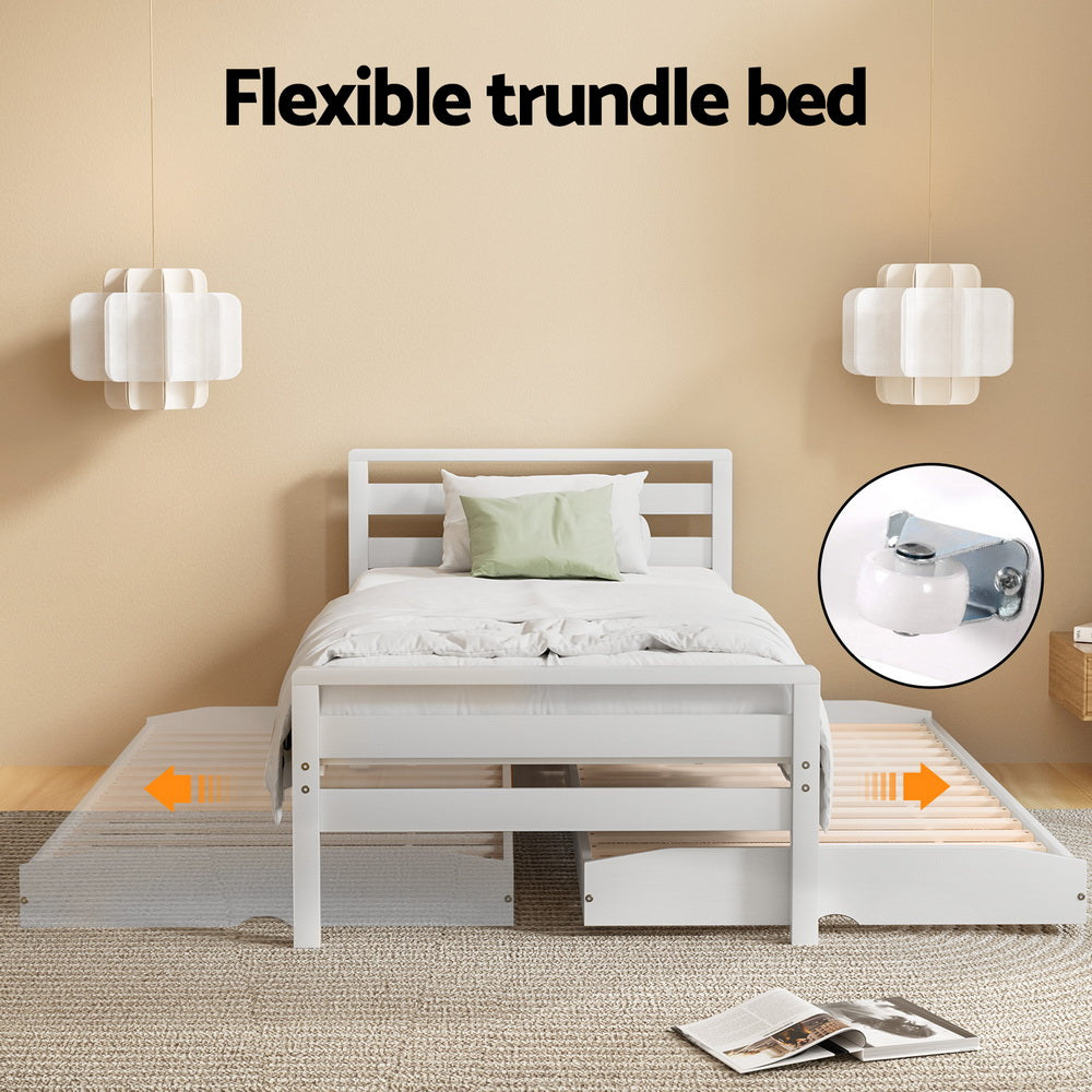 Artiss Bed Frame Single Size 2-in-1 Trundle Wooden White AVIS-4