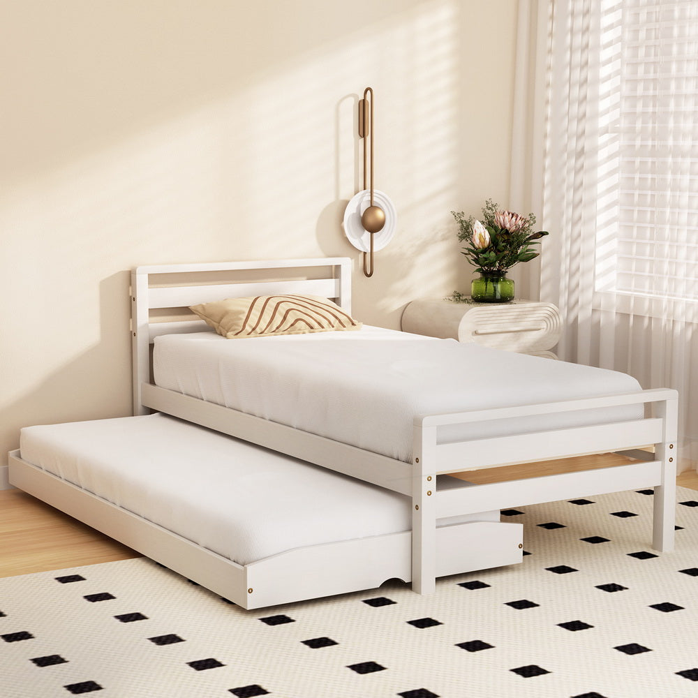 Artiss Bed Frame Single Size 2-in-1 Trundle Wooden White AVIS-6