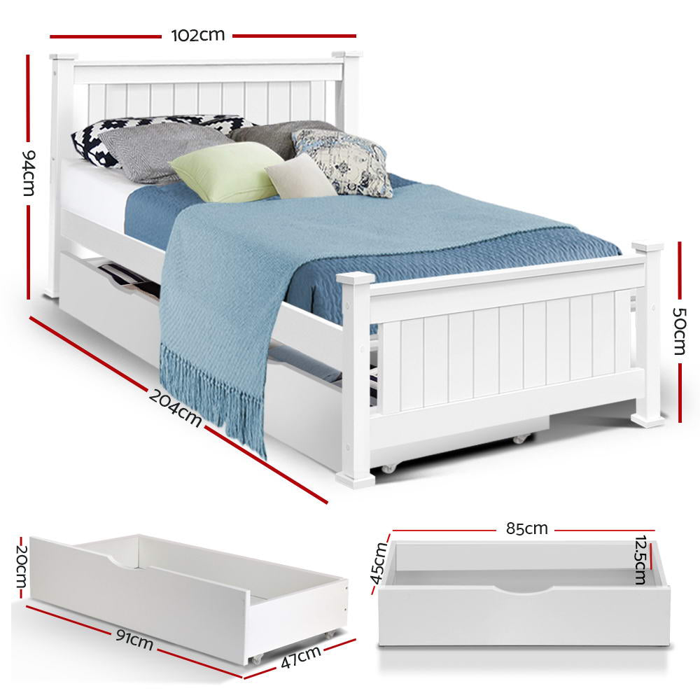 Artiss Bed Frame Single Size Wooden with 2 Drawers White RIO-1