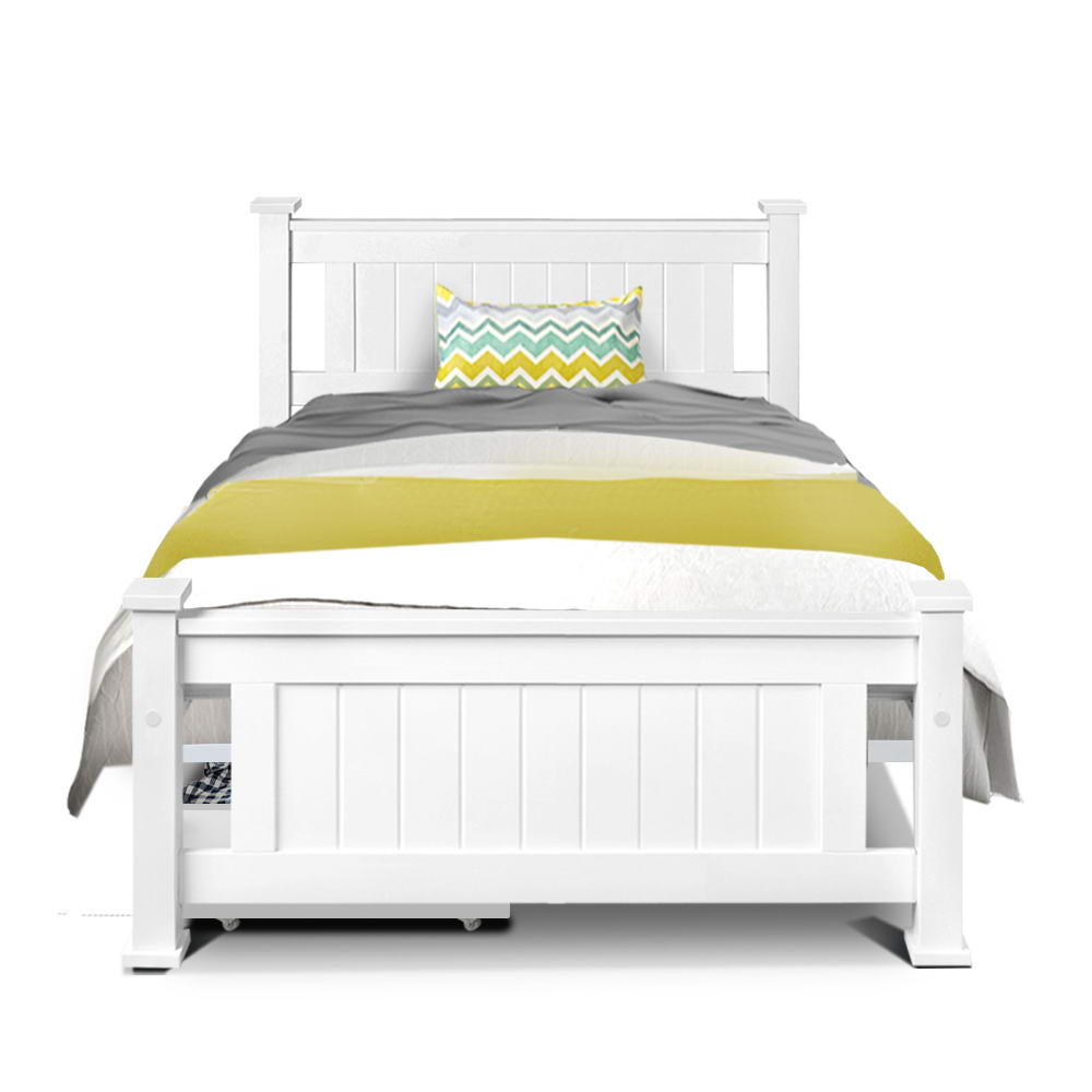 Artiss Bed Frame Single Size Wooden with 2 Drawers White RIO-2