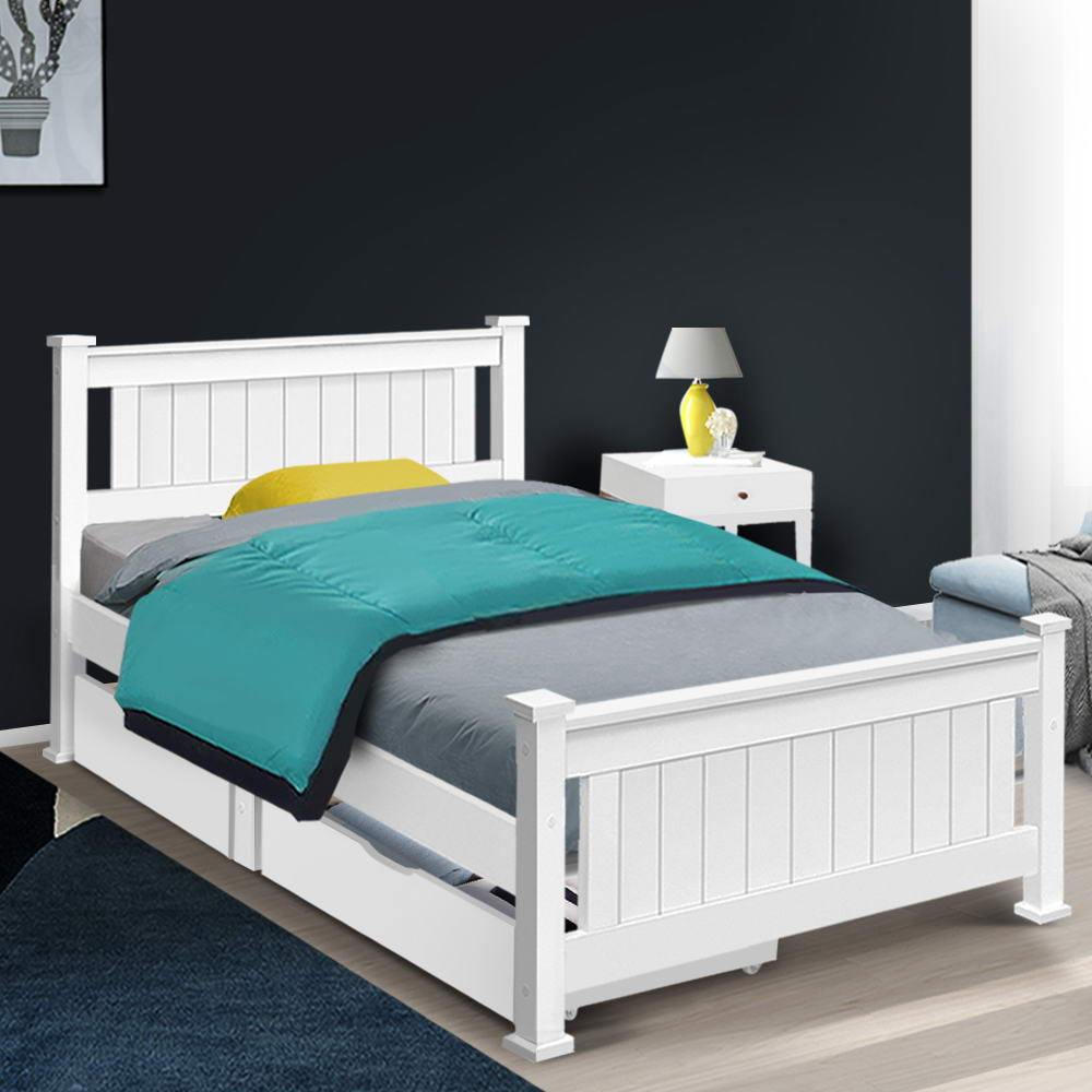 Artiss Bed Frame Single Size Wooden with 2 Drawers White RIO-6