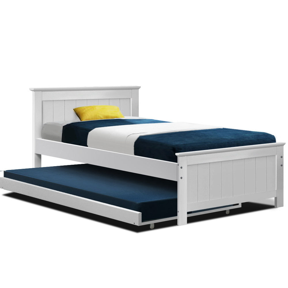 Artiss Bed Frame King Single Size Wooden Trundle Daybed White ELVIS-0