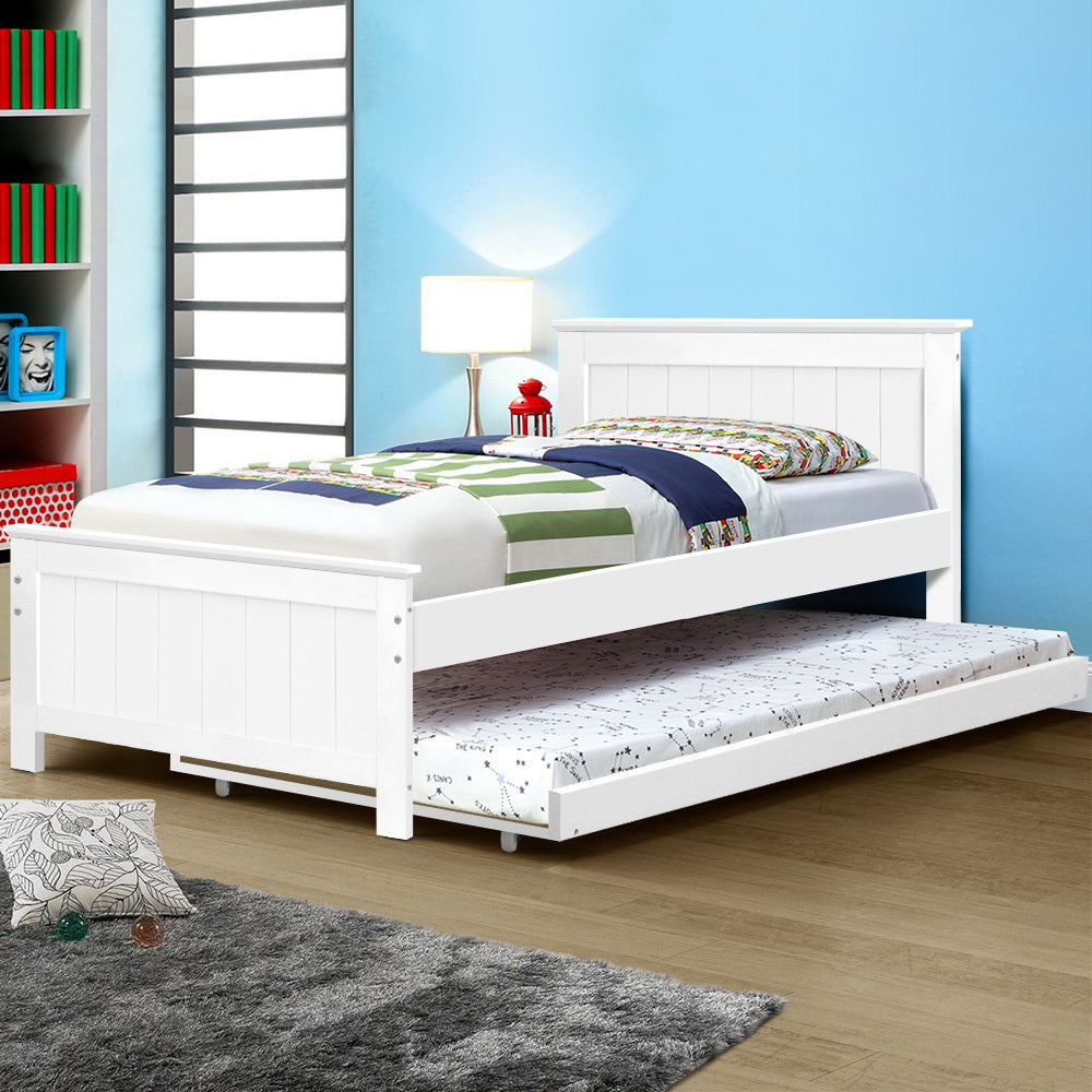 Artiss Bed Frame King Single Size Wooden Trundle Daybed White ELVIS-6