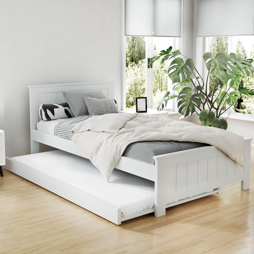 Artiss Bed Frame King Single Size Wooden Trundle Daybed White ELVIS-7