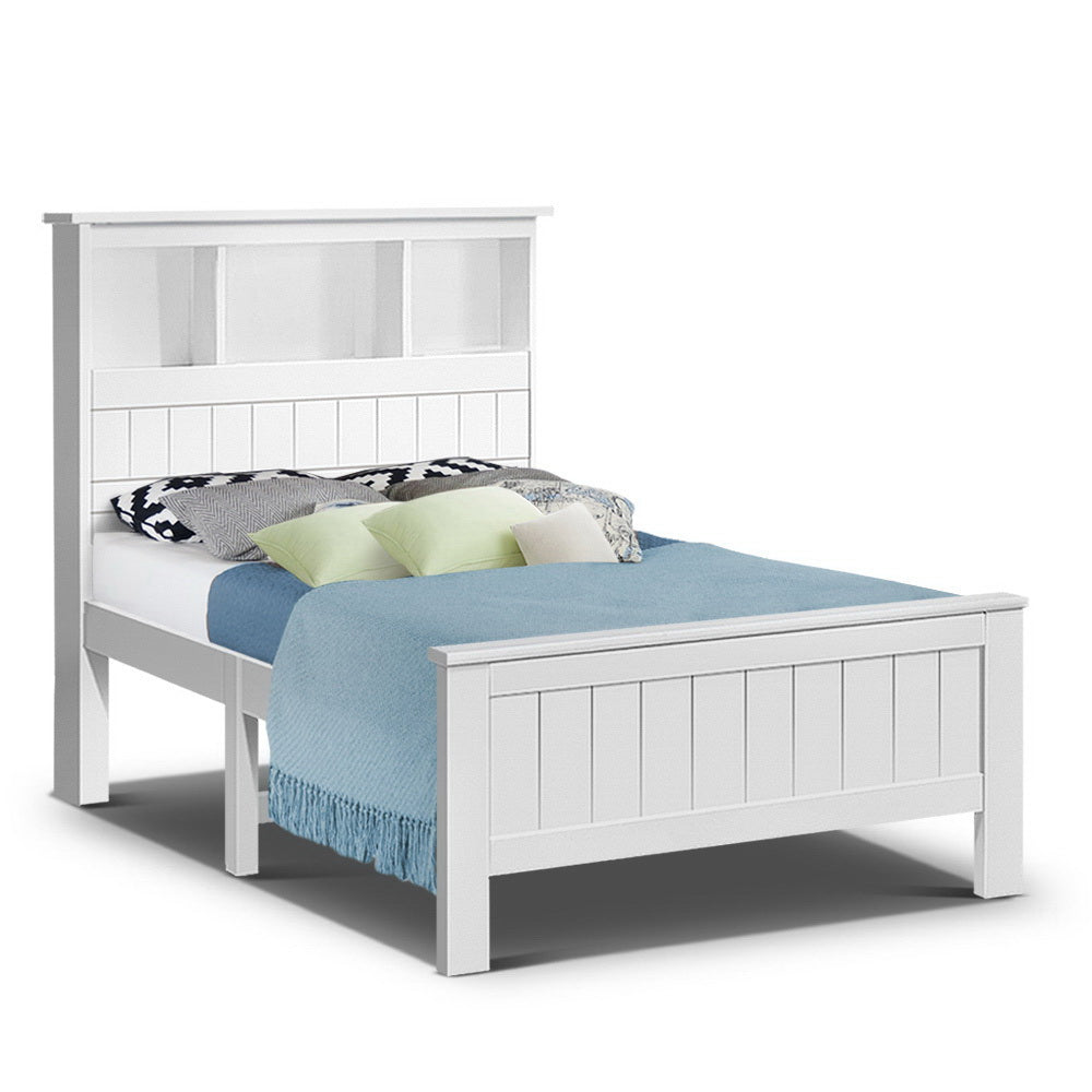 Artiss Bed Frame King Single Size Wooden with 3 Shelves Bed Head White-0