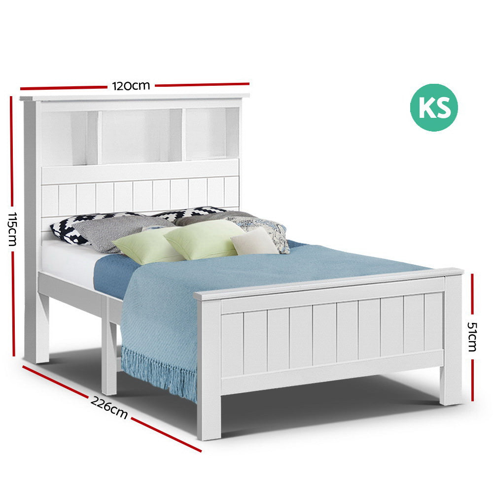 Artiss Bed Frame King Single Size Wooden with 3 Shelves Bed Head White-1