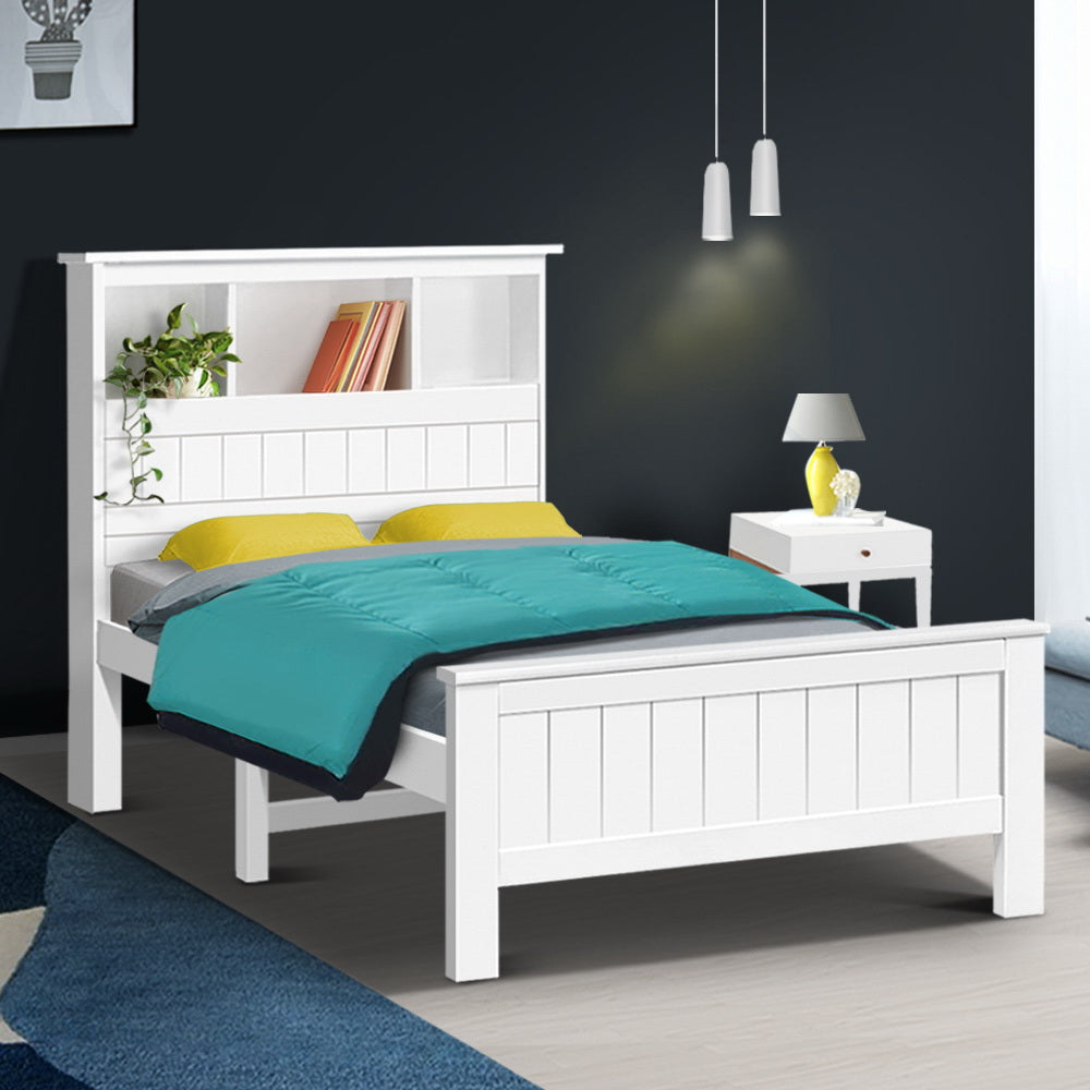 Artiss Bed Frame King Single Size Wooden with 3 Shelves Bed Head White-6