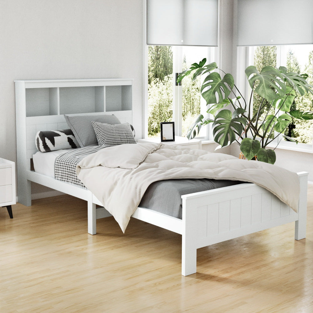 Artiss Bed Frame King Single Size Wooden with 3 Shelves Bed Head White-7