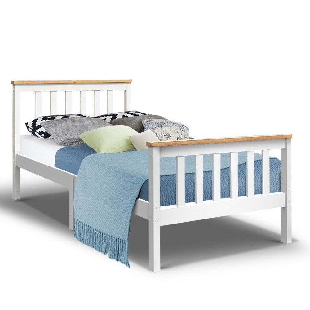 Artiss Bed Frame Single Size Wooden White PONY-0