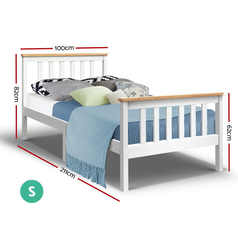 Artiss Bed Frame Single Size Wooden White PONY-1