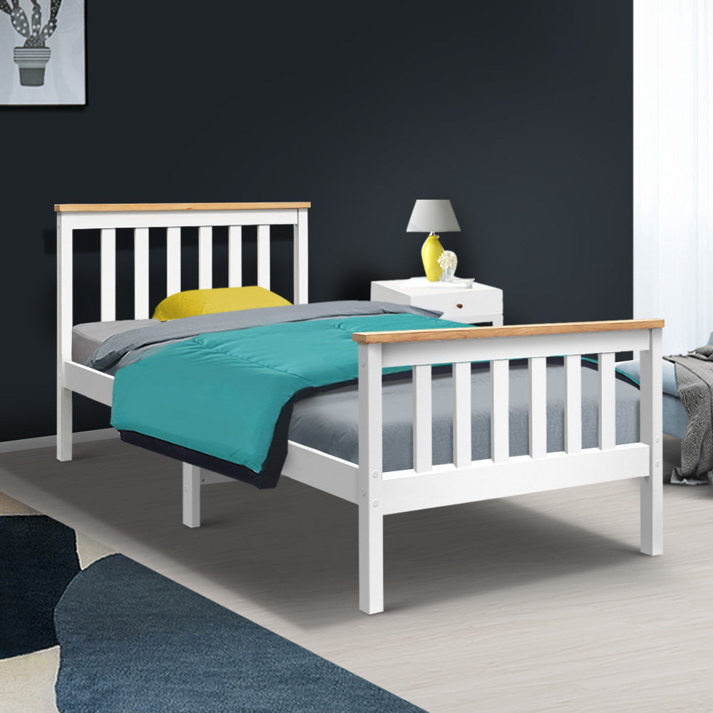 Artiss Bed Frame Single Size Wooden White PONY-6