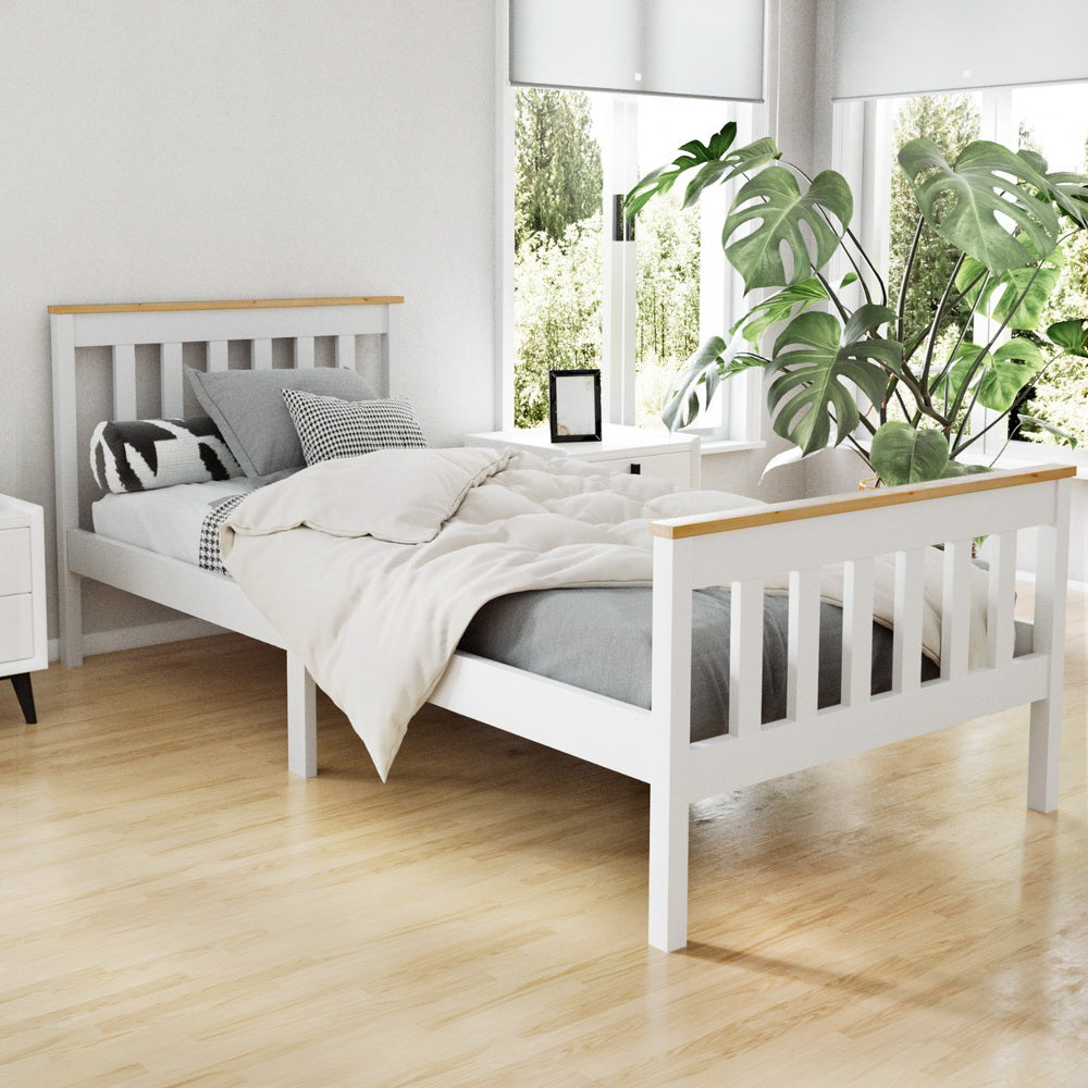 Artiss Bed Frame Single Size Wooden White PONY-7