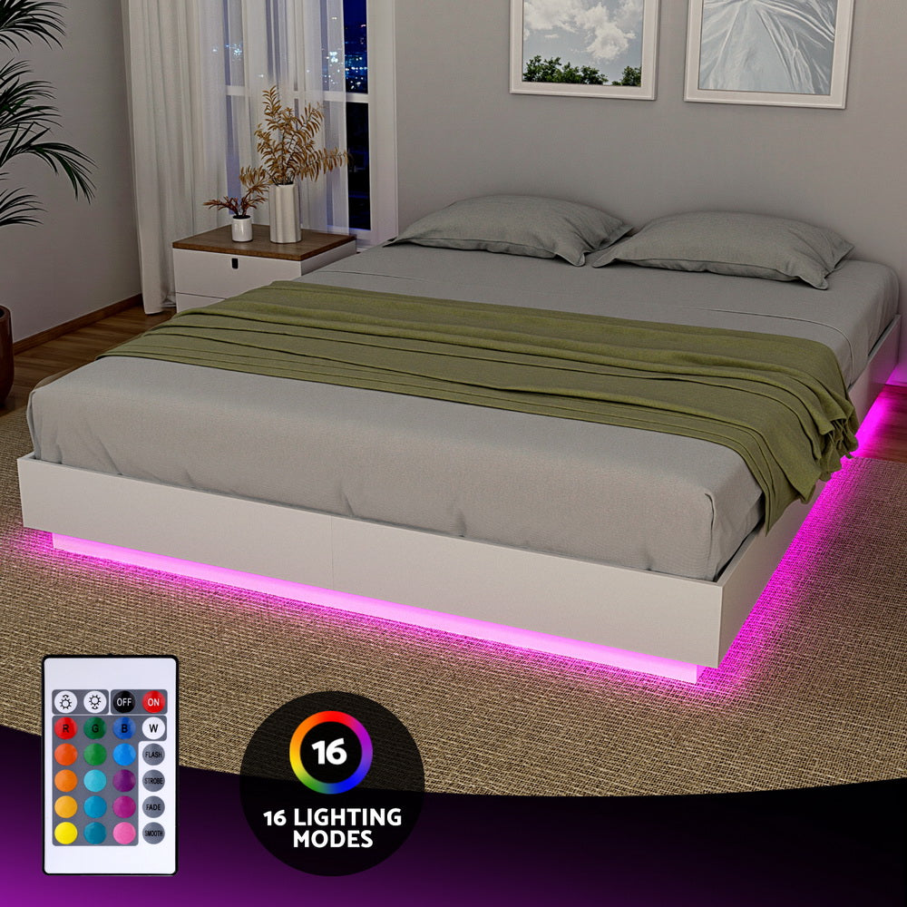 Artiss Double Bed Frame with 16Colour Led Light Wooden Platform Bed Base DAYGLOW-3