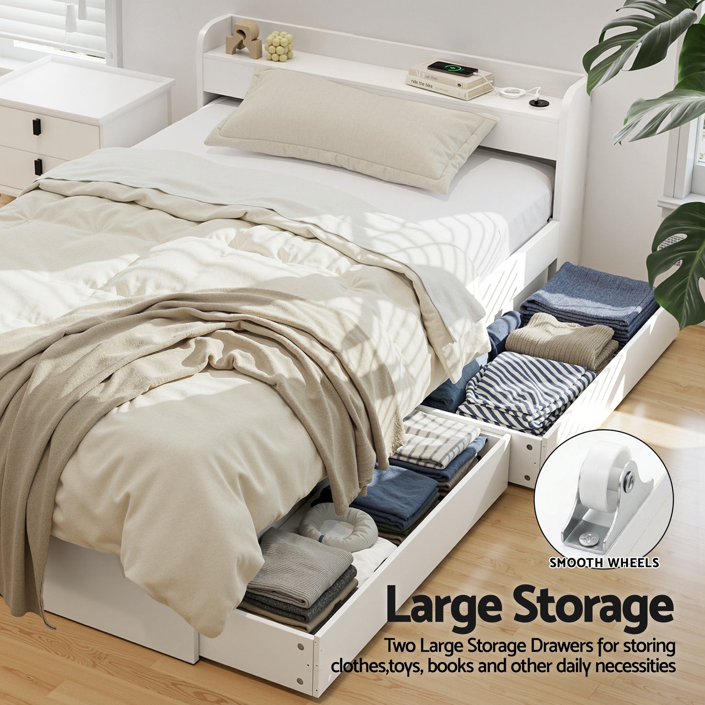 Artiss Bed Frame Single Size with Charging Ports and 2 Drawers AURA
