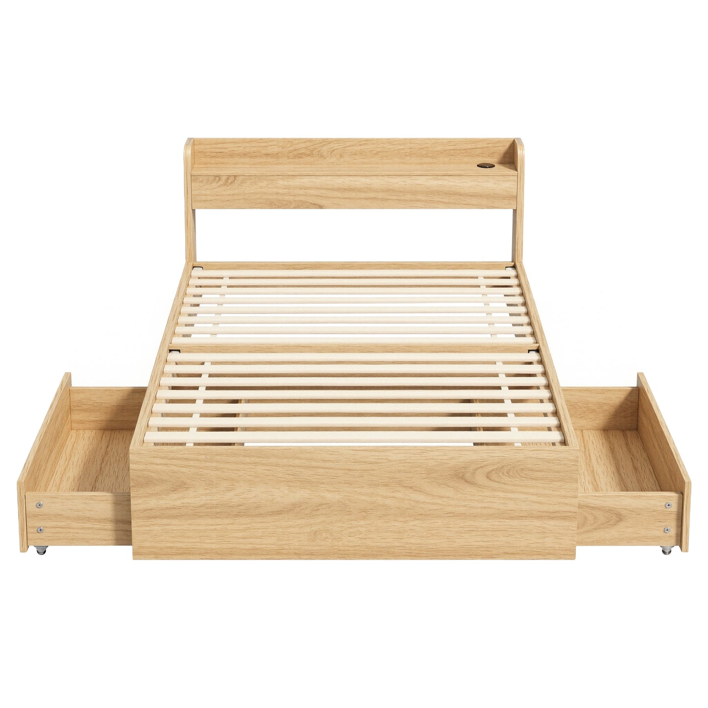 Artiss Single Bed Frame with 2 Storage Drawers Platform Bed Base with USB Ports Sturdy Wooden Slat Support Natural