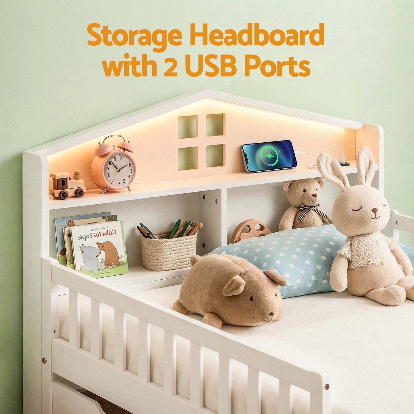 Artiss Single Bed Frame with 2 Storage Drawers, Montessori Bed with Headboard, 2 USB Ports & Led Light, Solid Wood Platform Bed Base with Safety Rail & Ladder, 31CM Under-Bed Storage, White-3