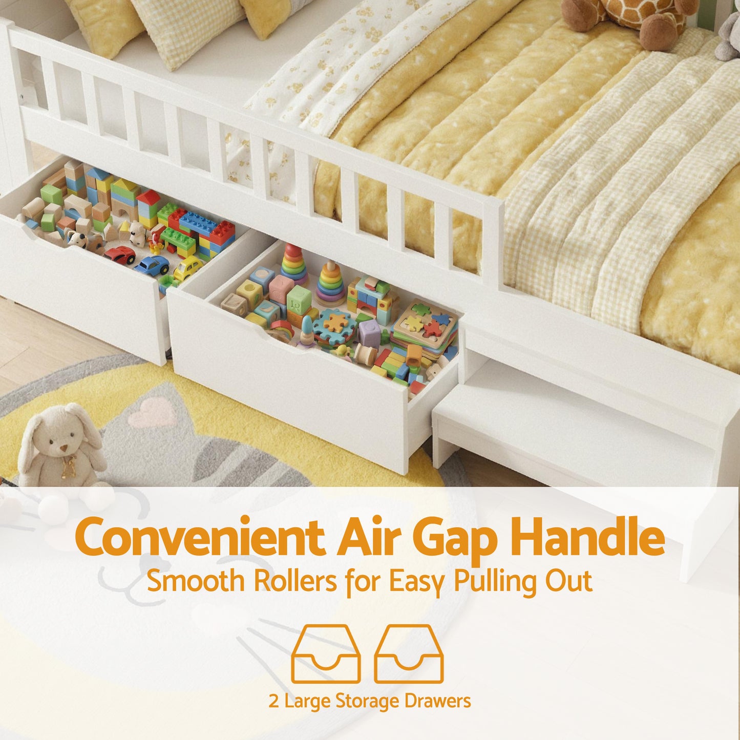 Artiss Single Bed Frame with 2 Storage Drawers, Montessori Bed with Headboard, 2 USB Ports & Led Light, Solid Wood Platform Bed Base with Safety Rail & Ladder, 31CM Under-Bed Storage, White-5