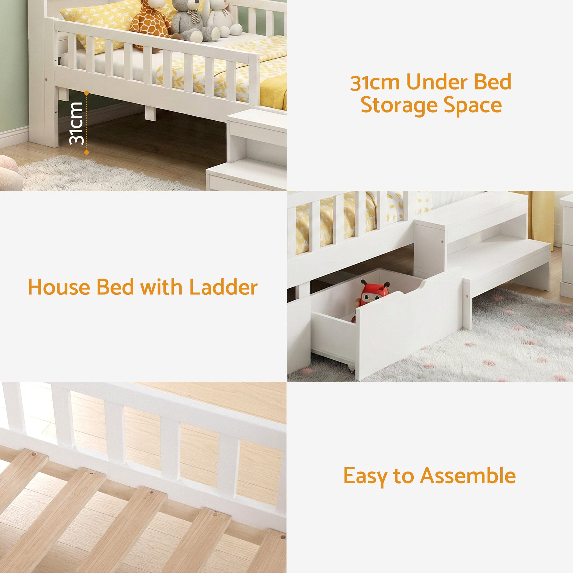 Artiss Single Bed Frame with 2 Storage Drawers, Montessori Bed with Headboard, 2 USB Ports & Led Light, Solid Wood Platform Bed Base with Safety Rail & Ladder, 31CM Under-Bed Storage, White-6