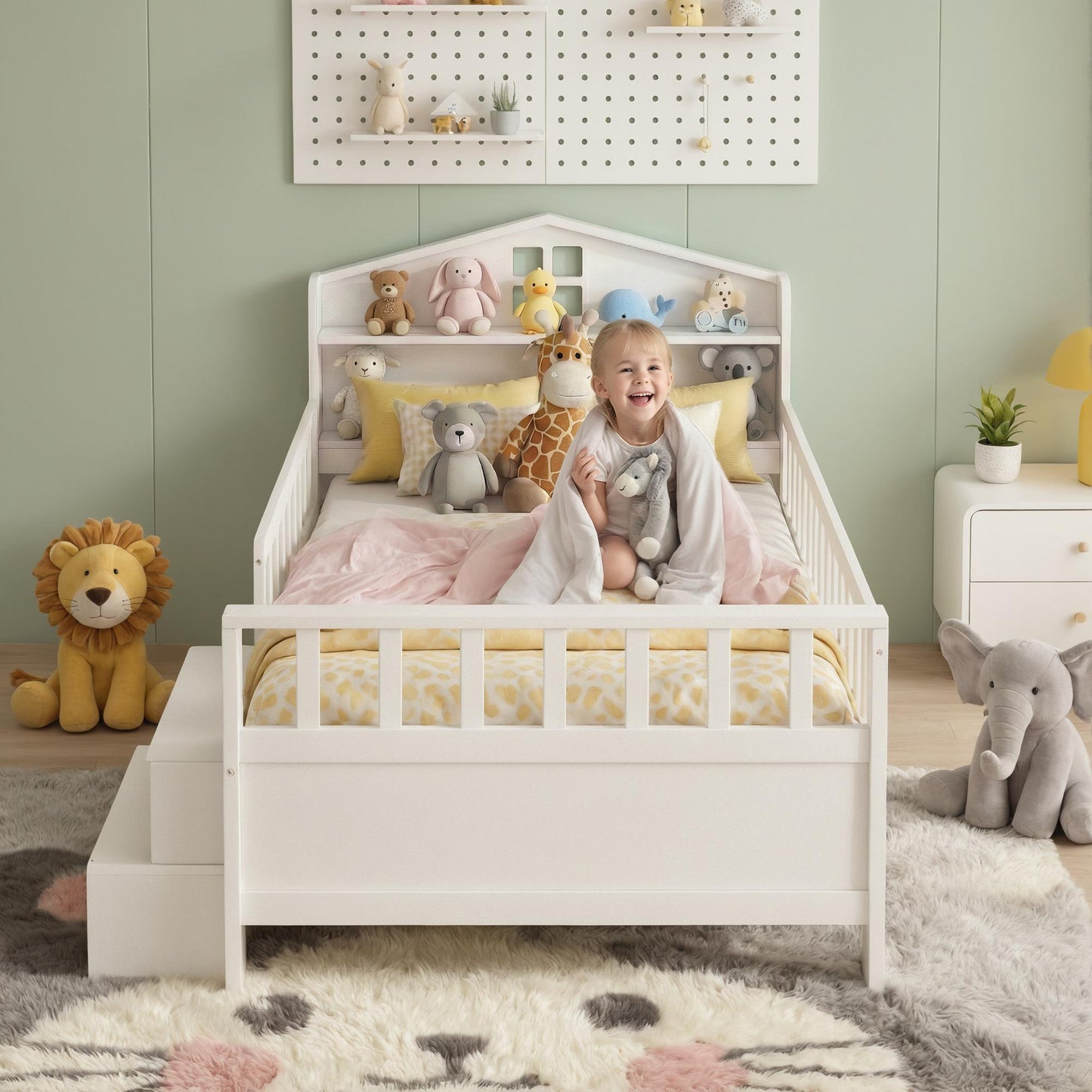 Artiss Single Bed Frame with 2 Storage Drawers, Montessori Bed with Headboard, 2 USB Ports & Led Light, Solid Wood Platform Bed Base with Safety Rail & Ladder, 31CM Under-Bed Storage, White-7