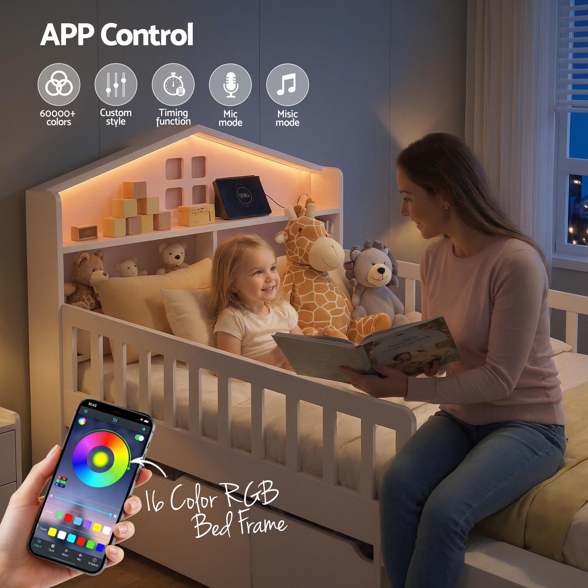 Artiss Single Bed Frame with 2 Storage Drawers, Montessori Bed with Headboard, 2 USB Ports & Led Light, Solid Wood Platform Bed Base with Safety Rail & Ladder, 31CM Under-Bed Storage, White-8