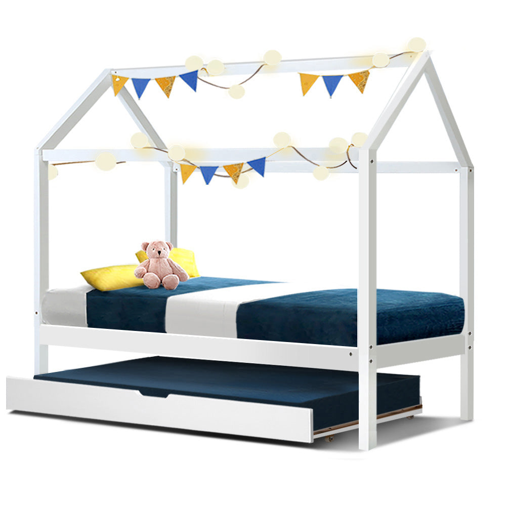 Artiss Bed Frame Wooden Trundle Daybed Kids House Frame White HOLY-0