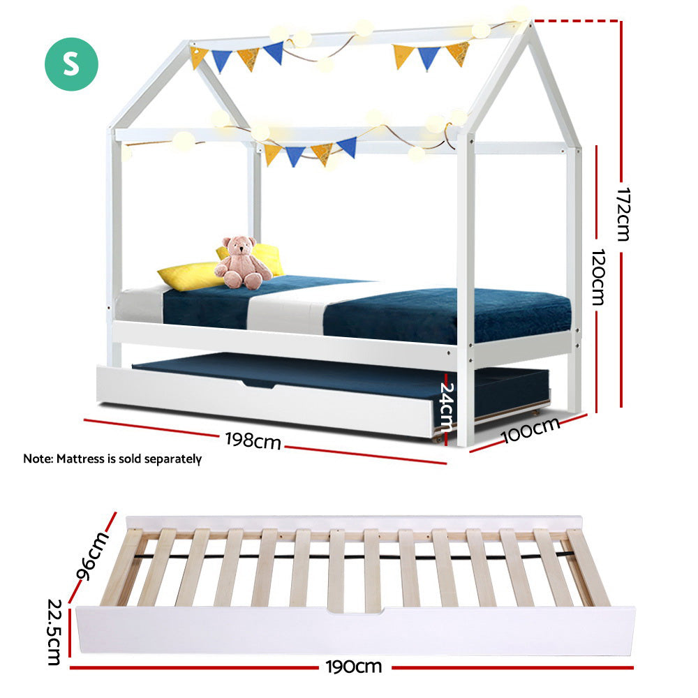 Artiss Bed Frame Wooden Trundle Daybed Kids House Frame White HOLY-1