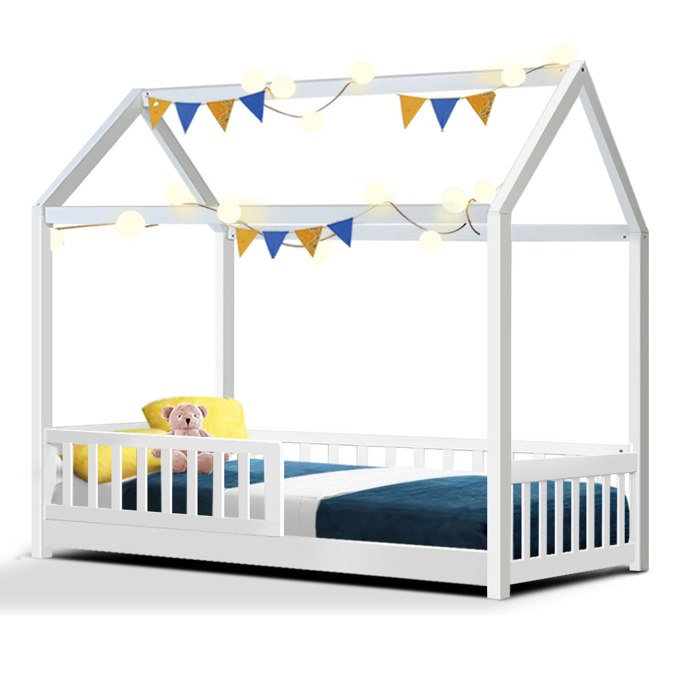 Artiss Bed Frame Wooden Kids House Frame White ROCK-0