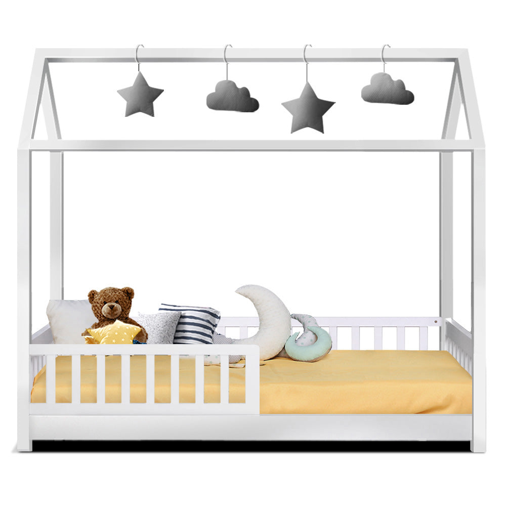 Artiss Bed Frame Wooden Kids House Frame White ROCK-2