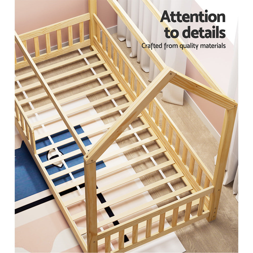 Artiss Bed Frame Wooden Kids House Frame Oak ROCK-3