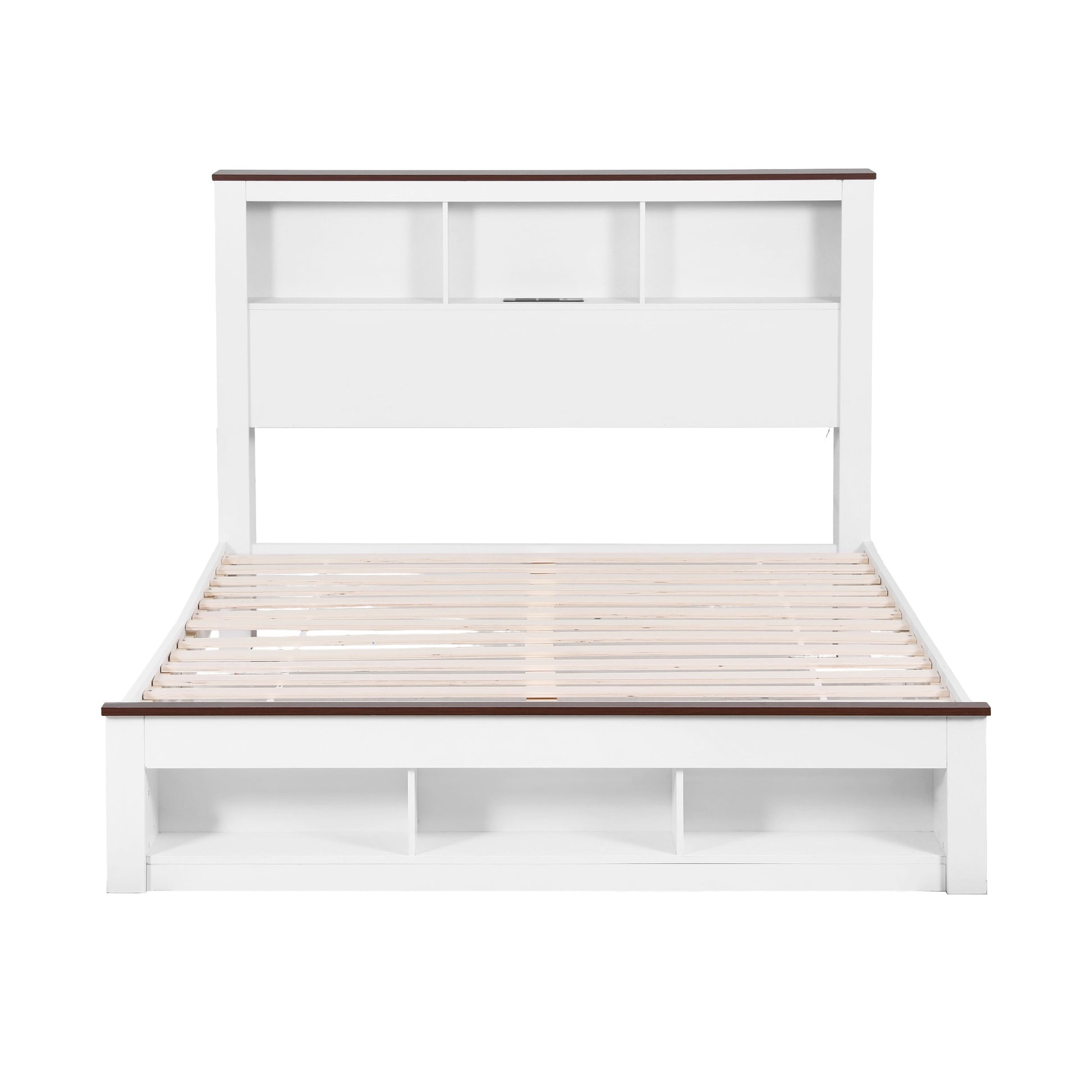 Artiss Double Bed Frame with Storage Bookcase Headboard and Footboard White Wooden Platform Bed with Charging Station and Led Light Bedroom Furniture-2