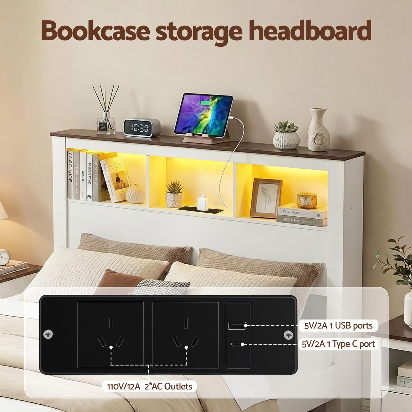 Artiss Double Bed Frame with Storage Bookcase Headboard and Footboard White Wooden Platform Bed with Charging Station and Led Light Bedroom Furniture-4
