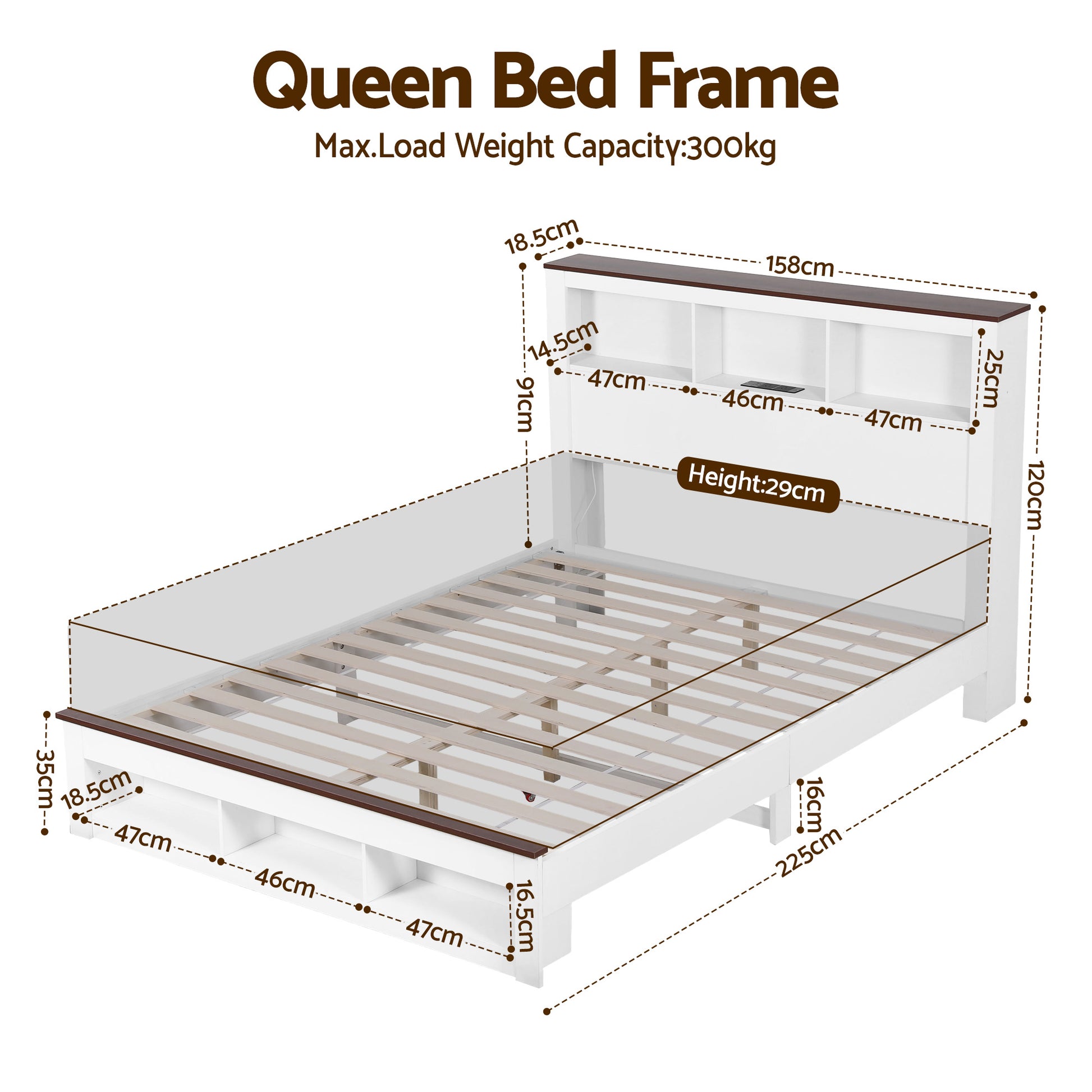 Artiss Queen Bed Frame with Storage Bookcase Headboard and Footboard White Wooden Platform Bed with Charging Station and Led Light Bedroom Furniture-1