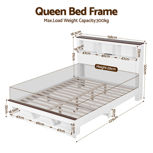 Artiss Queen Bed Frame with Storage Bookcase Headboard and Footboard White Wooden Platform Bed with Charging Station and Led Light Bedroom Furniture-1