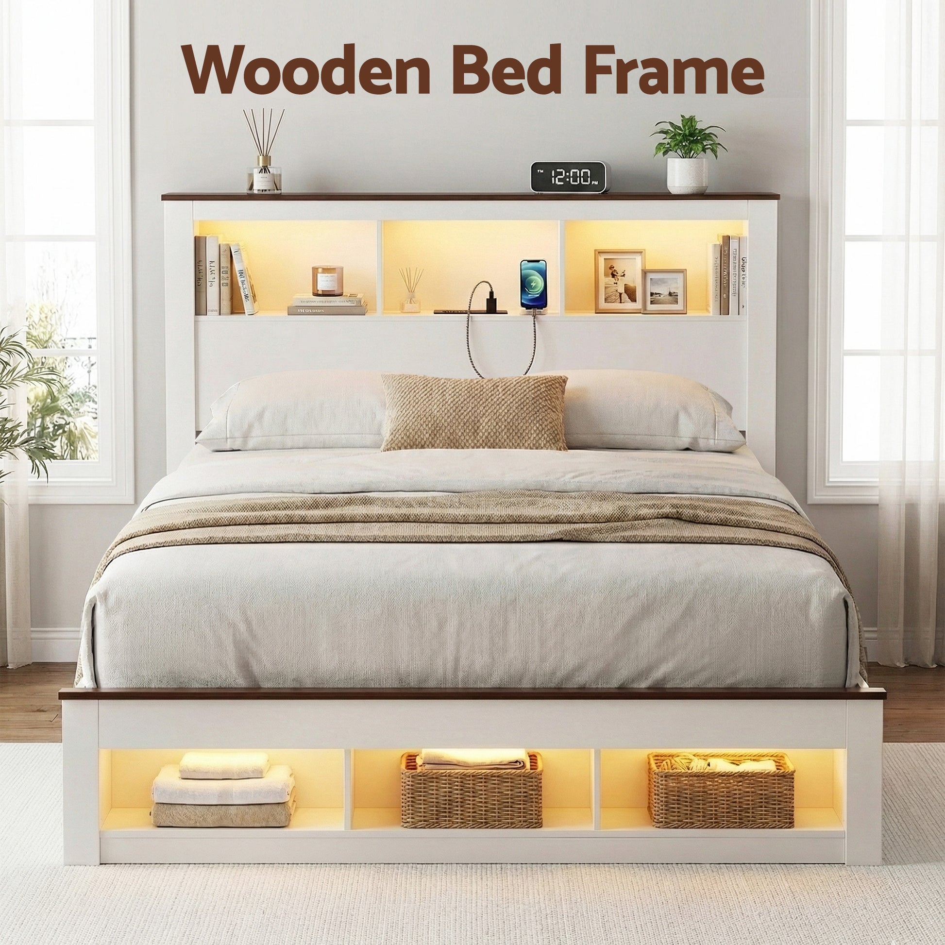 Artiss Queen Bed Frame with Storage Bookcase Headboard and Footboard White Wooden Platform Bed with Charging Station and Led Light Bedroom Furniture-3
